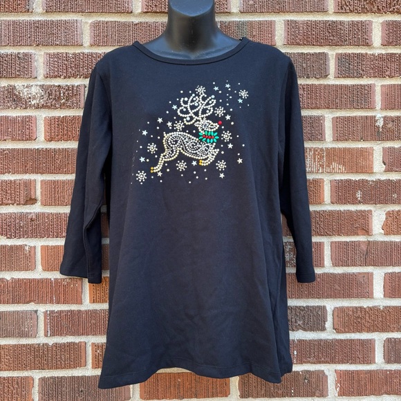 Quacker Factory embellish Reindeer 3/4 sleeve Black Tunic top Sz M - Picture 1 of 6